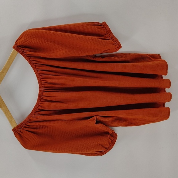 LOFT Blouse Size Large Fall Orange Color Elastic Neck &  Short Sleeve Relaxed - Picture 4 of 4